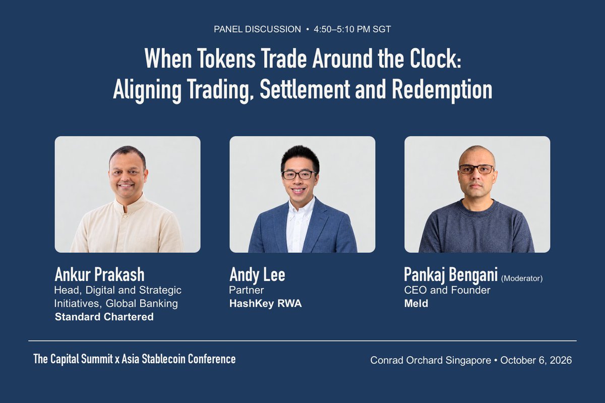 CapSummitGlobal's tweet photo. A token can trade at 3 a.m. on a Sunday. The underlying market, the cash leg and the fund's redemption window cannot. So what can a client actually execute?

🗓 𝗧𝘂𝗲 𝟲 𝗢𝗰𝘁 · 𝟭𝟲:𝟱𝟬 𝗦𝗚𝗧
📍 Conrad Singapore Orchard

Panel: When Tokens Trade Around the Clock: Aligning Trading, Settlement and Redemption

Moderator
Pankaj Bengani (@pankajbengani), CEO and Founder, @realMeld

Panelists
Ankur Prakash, Head, Digital and Strategic Initiatives, Global Banking, @StanChart
Andy Lee (@apwlxyz), Partner, @HashKeyRWA

A global bank and a regulated RWA platform test what extended trading hours really require, and close with one measurable service commitment institutions would need before relying on them.

Organised with @AsiaStablecoin and co-hosted by @FourPillarsFP and @LayerZero_Core during TOKEN2049 Week, the day before @token2049 opens.

Register for the main conference (12:00–18:00): https://t.co/PL0Rqw5ePi
https://t.co/MgFsedwyjf

#Tokenization #TOKEN2049