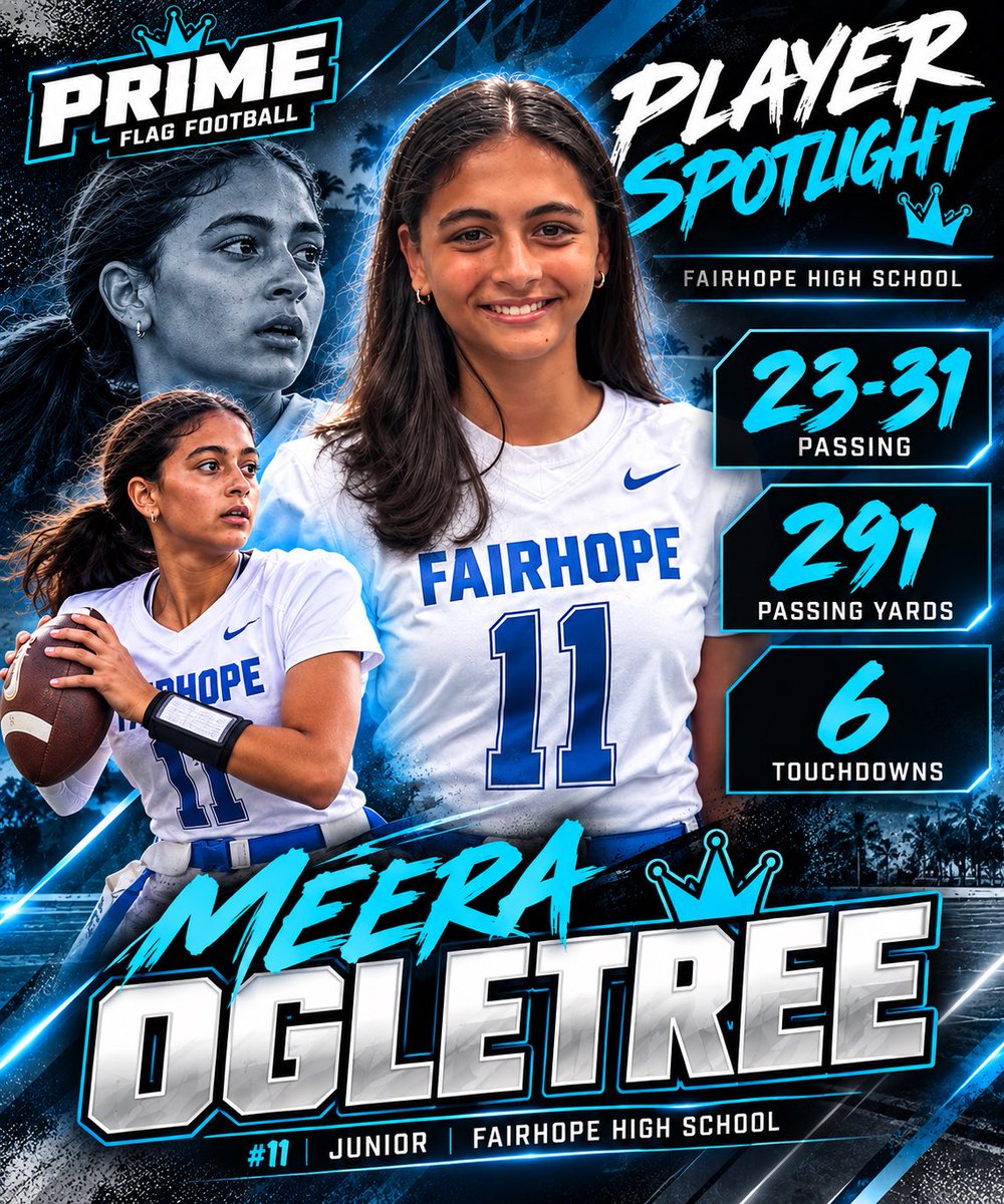 _PrimeFlag's tweet photo. 🔥 PRIME PLAYER SPOTLIGHT

Fairhope QB Meera Ogletree #11:

🎯 23/31
🔥 291 passing yards
⚡ 6 TD passes
🏆 35-14 win

Fairhope improves to 8-0.

Big-time performance from the junior QB. 👏

#PrimeFlagFootball #GirlsFlagFootball https://t.co/baTes4JgoT