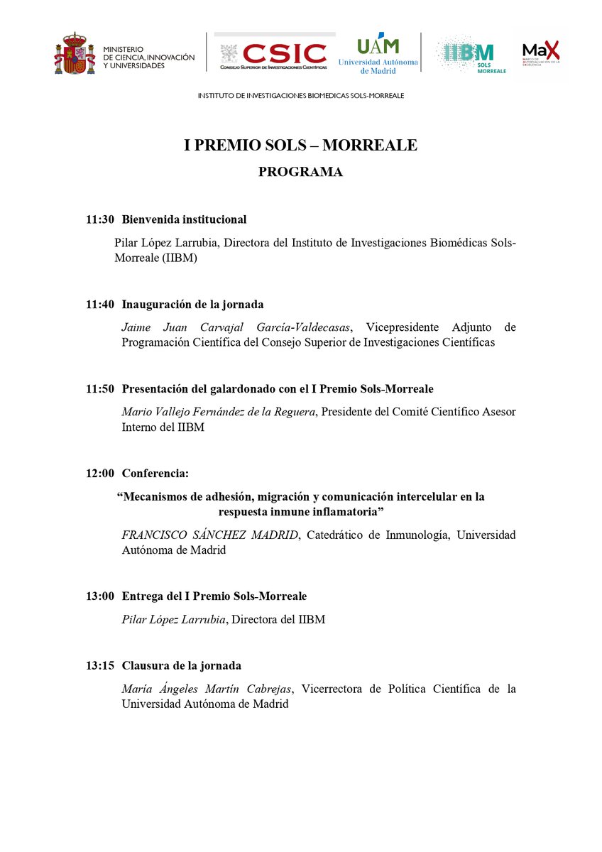 IIBmCSICUAM's tweet photo. 🏆 El próximo 19 de octubre, 11:30 h, el #IIBM celebrará el acto de entrega del I Premio Sols-Morreale en Investigación Biomédica al Dr. Francisco Sánchez Madrid. Una jornada para reconocer una trayectoria científica de referencia internacional en inmunología Programa completo 👇 https://t.co/6Us2PJvSJH