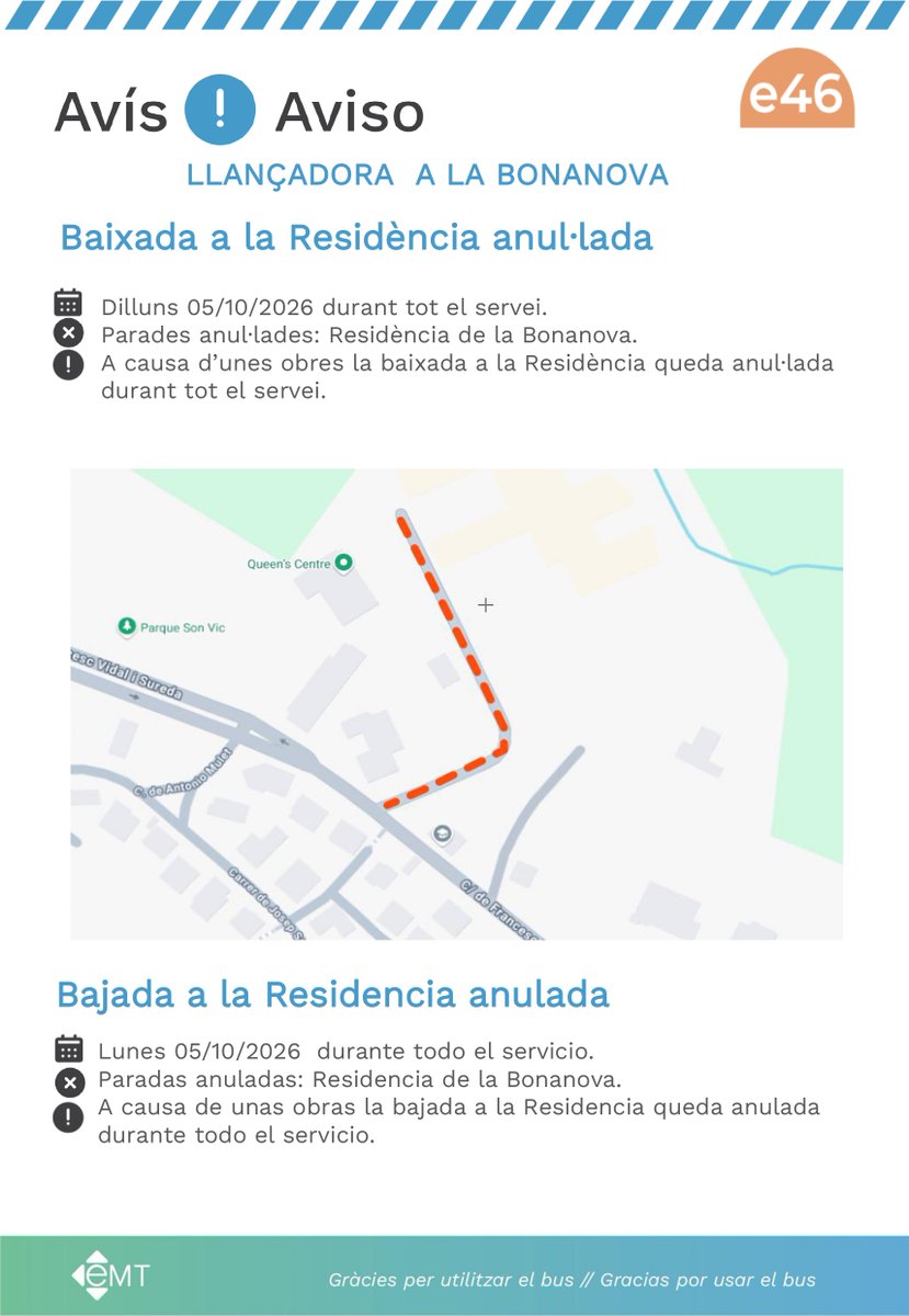 EMT_Palma's tweet photo. #AvisosEMT ⚠️ Amb motiu d'unes obres, el dilluns dia 05/10 no circularà el servei llançadora a la Bonanova.
-
⚠️ Con motivo de unas obras, el lunes 05/10 no circulará el servicio lanzadera a la Bonanova. https://t.co/hh89ycOIbo