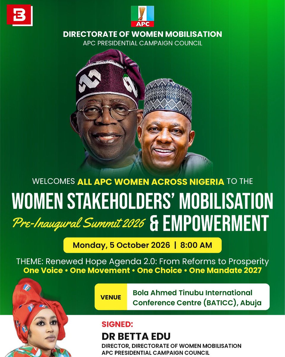 RemiRETSO's tweet photo. Women united, empowered, and ready to lead!
Join the Women Stakeholders’ Mobilisation, Pre-Inaugural Summit 2026 & Empowerment — one voice, one movement, one mandate.
📅 Monday, 5 October 2026
📍 BATICC, Abuja
#WomenMobilisation #RenewedHopeAgenda #APC #WomenEmpowerment https://t.co/gACxM8WBQl
