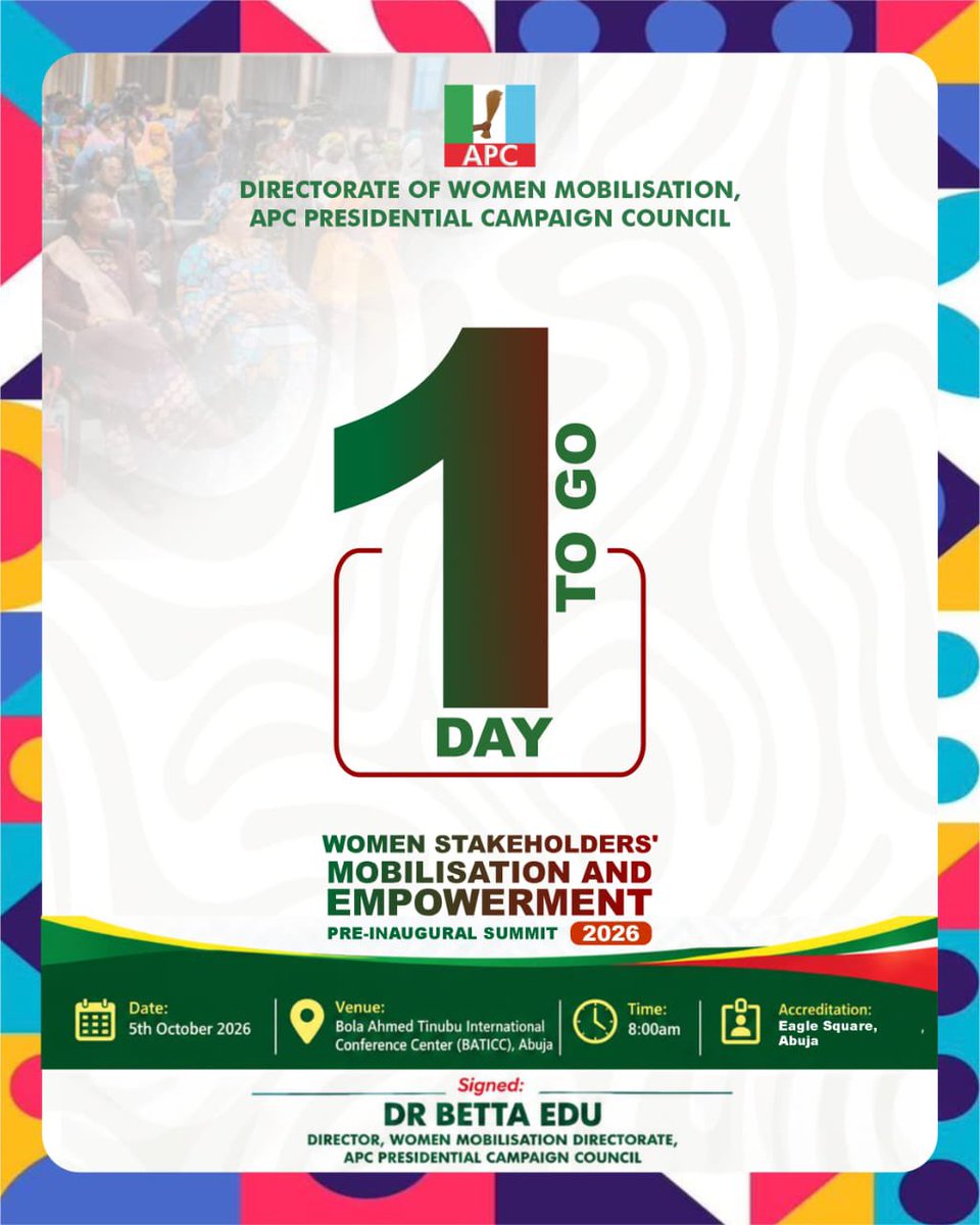 RemiRETSO's tweet photo. Women united, empowered, and ready to lead!
Join the Women Stakeholders’ Mobilisation, Pre-Inaugural Summit 2026 & Empowerment — one voice, one movement, one mandate.
📅 Monday, 5 October 2026
📍 BATICC, Abuja
#WomenMobilisation #RenewedHopeAgenda #APC #WomenEmpowerment https://t.co/gACxM8WBQl