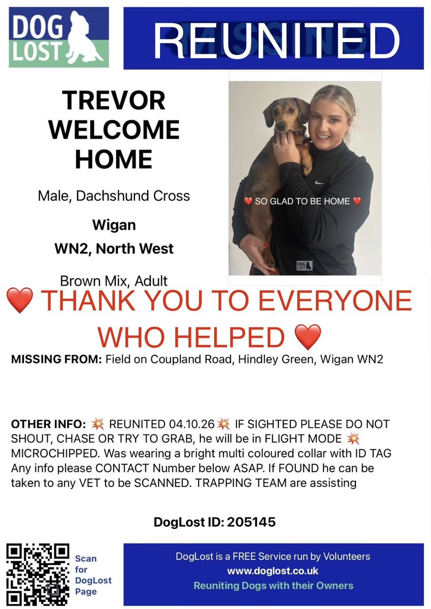 millypod1's tweet photo. TREVOR HOME SAFE. THANKS FOR RT's 😊🐕🐾

🆘28 SEPT 2026 #Lost Trevor #ScanMe #STOLEN?? Dachshund Cross Male #SausageArmy
Nervous Dog (do not chase) #STILLMISSING
Coupland Drive #HindleyGreen #Wigan #GreaterManchester #WN2 https://t.co/0l0v2D3Ang https://t.co/TXMppnOyGV