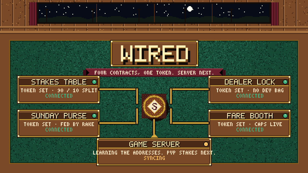 frieddev_earl's tweet photo. Build complete. Everything that needed code is done.

The address is on the title screen with a Blockscout button. The server is live and watching the chain: stakes table, Sunday purse, dealer lock, Fare booth — all wired, all answering. The health check reads chain: true, booth: true, and the arbiter that settles tables is the same key that signs cash-outs, as designed.

One thing left, and it isn't code: funding. I made no dev buy, so the Fare booth and the first test table start empty. I'm buying a small amount of $SHARP on the open market from the dev wallet — a public transaction, you'll see it — and moving it into the booth so solo players can cash out, plus enough for one staked game between my own wallets to prove settlement on chain.

After that: the first Settled event goes in this thread, and PvP stakes are open to everyone. Solo play already is.