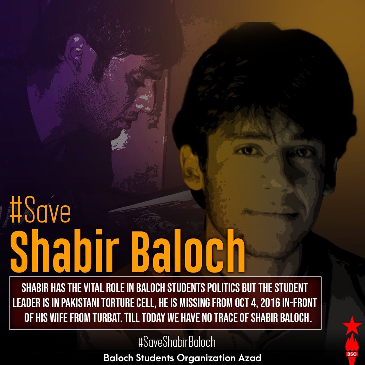 bsoazadmedia's tweet photo. Shabir has the vital role in Baloch Students Politics but the student leader is in Pakistani Torture Cell, he is missing from Oct 4, 2016 in-front of his wife from Gwarkop, Turbat. Till today we have no trace of Shabir Baloch. 

#SaveShabirBaloch
#SaveBSOAzadLeaders https://t.co/YQco8ippI7