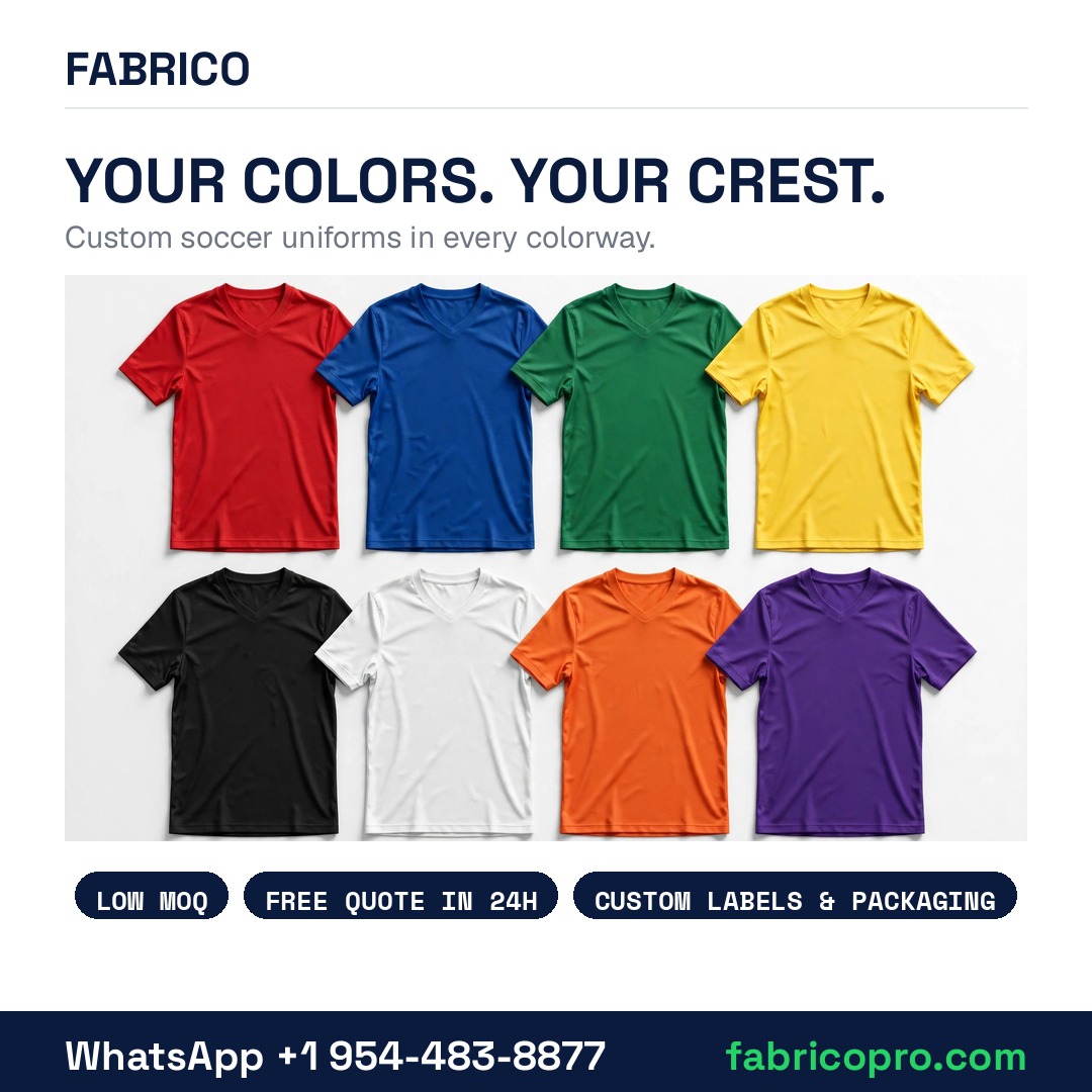fabricopro's tweet photo. What if your club's kit looked pro-league? β½ Custom soccer uniforms by Fabrico β moisture-wicking full kits, embroidered crests, sublimated numbers. Low MOQ. Free quote in 24h. WhatsApp +1 954-483-8877 | https://t.co/RWcTcXywCn #CustomSoccerUniforms #LowMOQ https://t.co/ywF87ytTKf