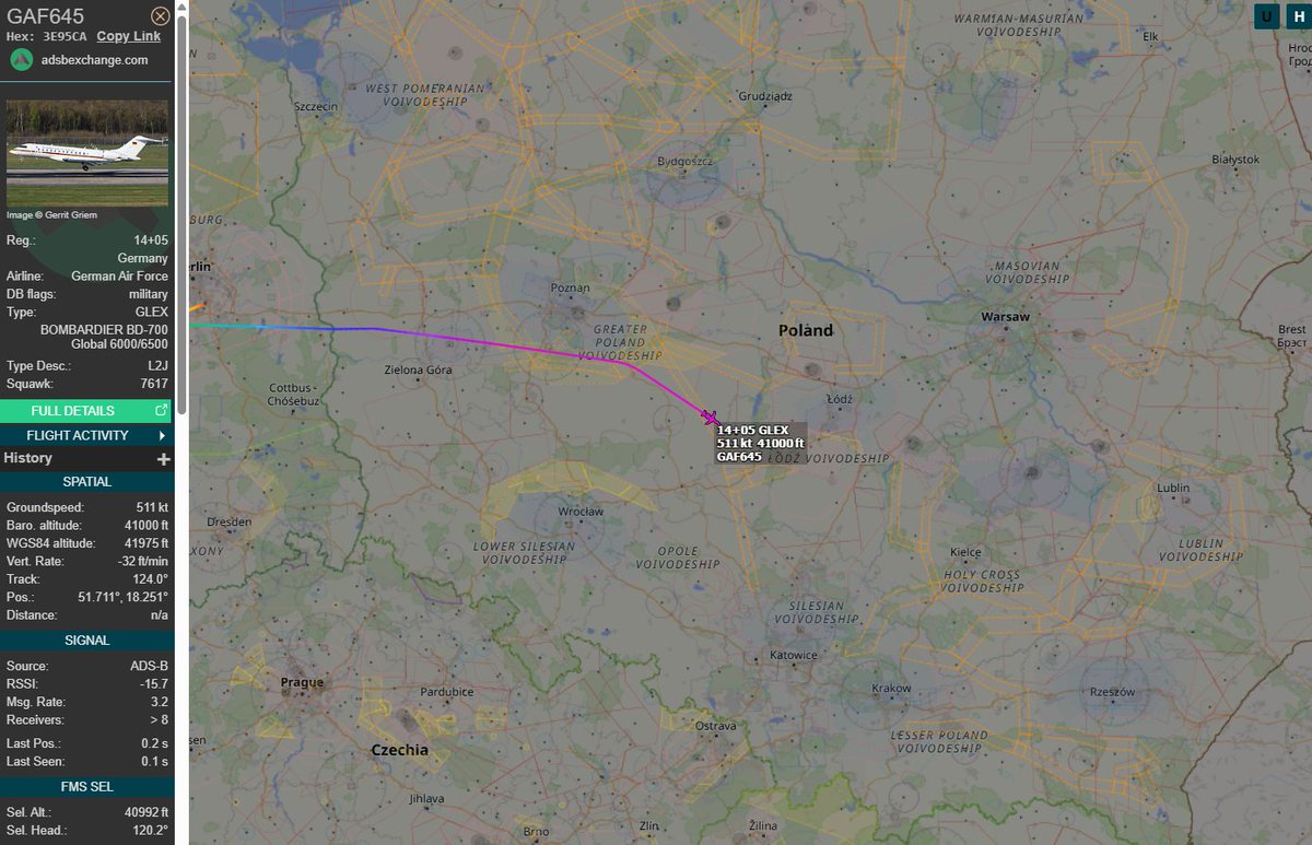 PolishMilRadar's tweet photo. 📅 04.10 🕞 18:46LT - 🇩🇪✈️ Niemiecki Bombardier Global 6000 do Rzeszowa

🇩🇪 Siły Powietrzne Niemiec
✈️ #GAF645 Bombardier Global 6000 | Reg: "14+05"
🛫 Port Lotniczy Berlin Brandenburg #EDDB | Niemcy 🇩🇪
🛬 Port Lotniczy Rzeszów Jasionka #EPRZ 🇵🇱
🔗 https://t.co/V364Bby1CH

#POLMILRADAR