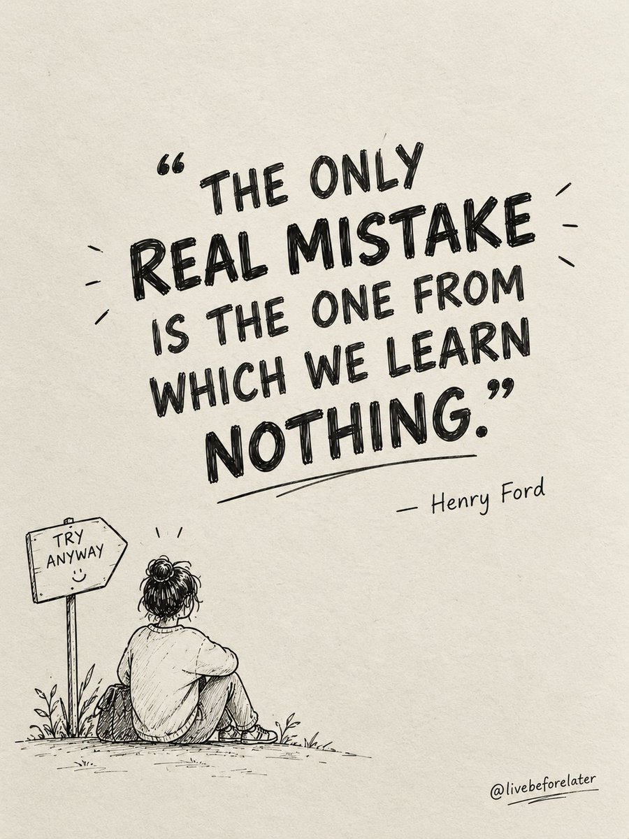 LiveBeforeLater's tweet photo. Mistakes aren’t proof that you failed.
Sometimes, they’re simply proof that you tried.

So maybe the question isn’t “What if I get it wrong?”
Maybe it’s “What will I learn if I do?”

Try. Make mistakes. Learn. Try again.
That’s how ordinary days become better ones. https://t.co/y25c69koqv