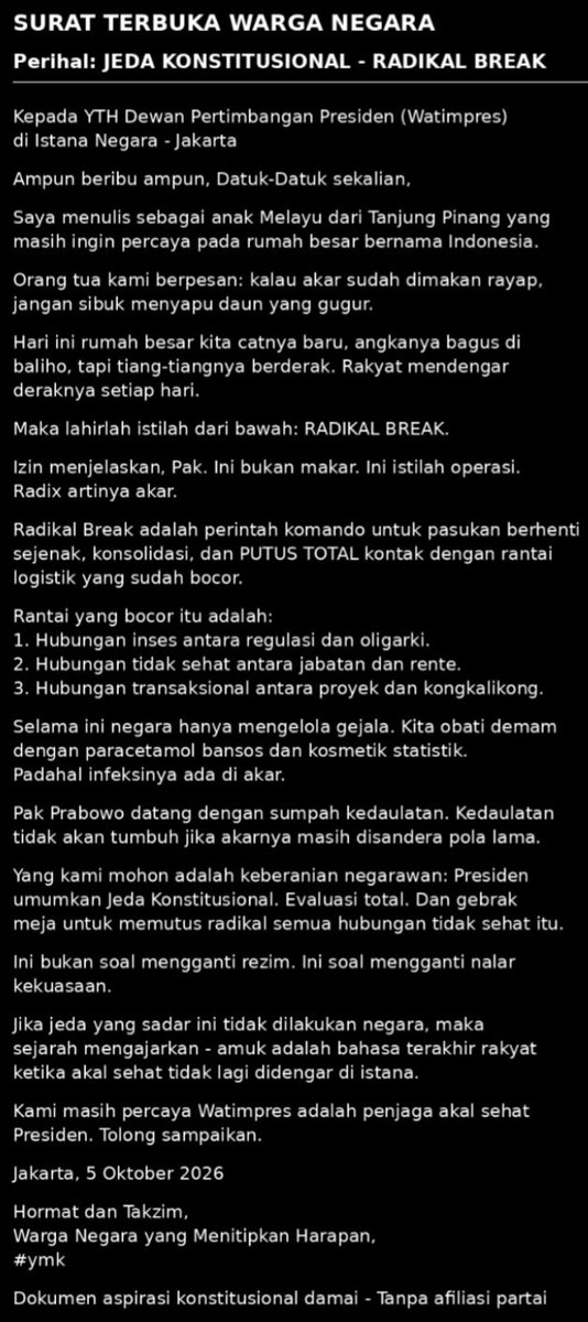 dharmarymk's tweet photo. #faaktaaa :

"RADIKAL BREAK"
Putus hubungan yang udah gak sehat, bukan jeda doang..!!!

Radikal break :
• Stop kontak total dg #reziiim lama
• Beresin mslh internal; ekonomi, sosial, dll
• Perjelas batasan² dgn konsekwensi hukuman yg tegas.

#waitNsee
#timewillTELL
#nd2th https://t.co/sVTm0piG7u