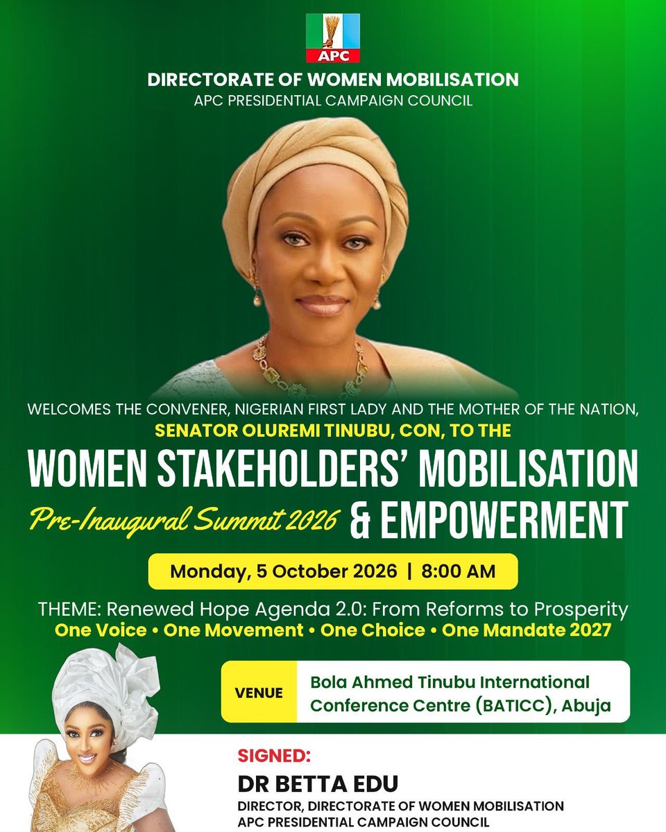 Onsogbu's tweet photo. Women united, empowered, and ready to lead!
Join the Women Stakeholders’ Mobilisation, Pre-Inaugural Summit 2026 & Empowerment — one voice, one movement, one mandate.
📅 Monday, 5 October 2026
📍 BATICC, Abuja
#WomenMobilisation #RenewedHopeAgenda #APC #WomenEmpowerment https://t.co/zysOVWIFwy