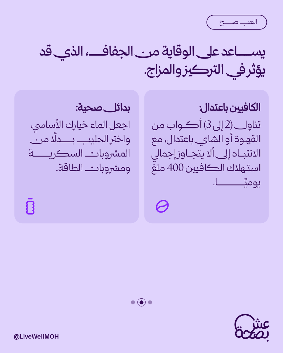 LiveWellMOH's tweet photo. الجفاف مو مجرد شعور بالعطش، الجفاف يسرق تركيزك ويزيد توترك وقت اللعب! https://t.co/TlmSb1W1du