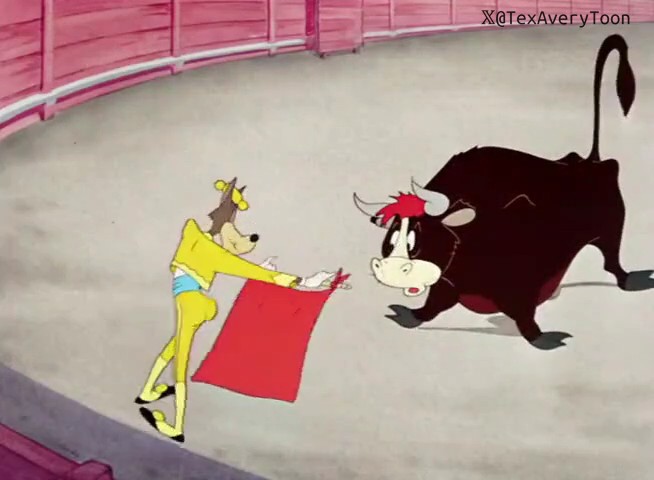 A cartoon matador in a yellow outfit waves a red cape at a startled black bull in a bullring, with the watermark "X@TexAveryToon" in the corner—evoking the timeless humor of classic Tex Avery animation that remains evergreen across generations.