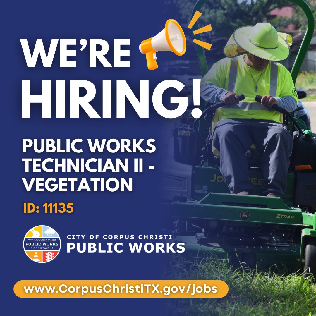 PublicWorksCC's tweet photo. We're looking for a skilled Public Works Technician II - Vegetation to join our Public Works Department! The city offers an excellent benefits package! Apply at https://t.co/pqlxz2hpqN by October 16 https://t.co/WGgp48aOn7