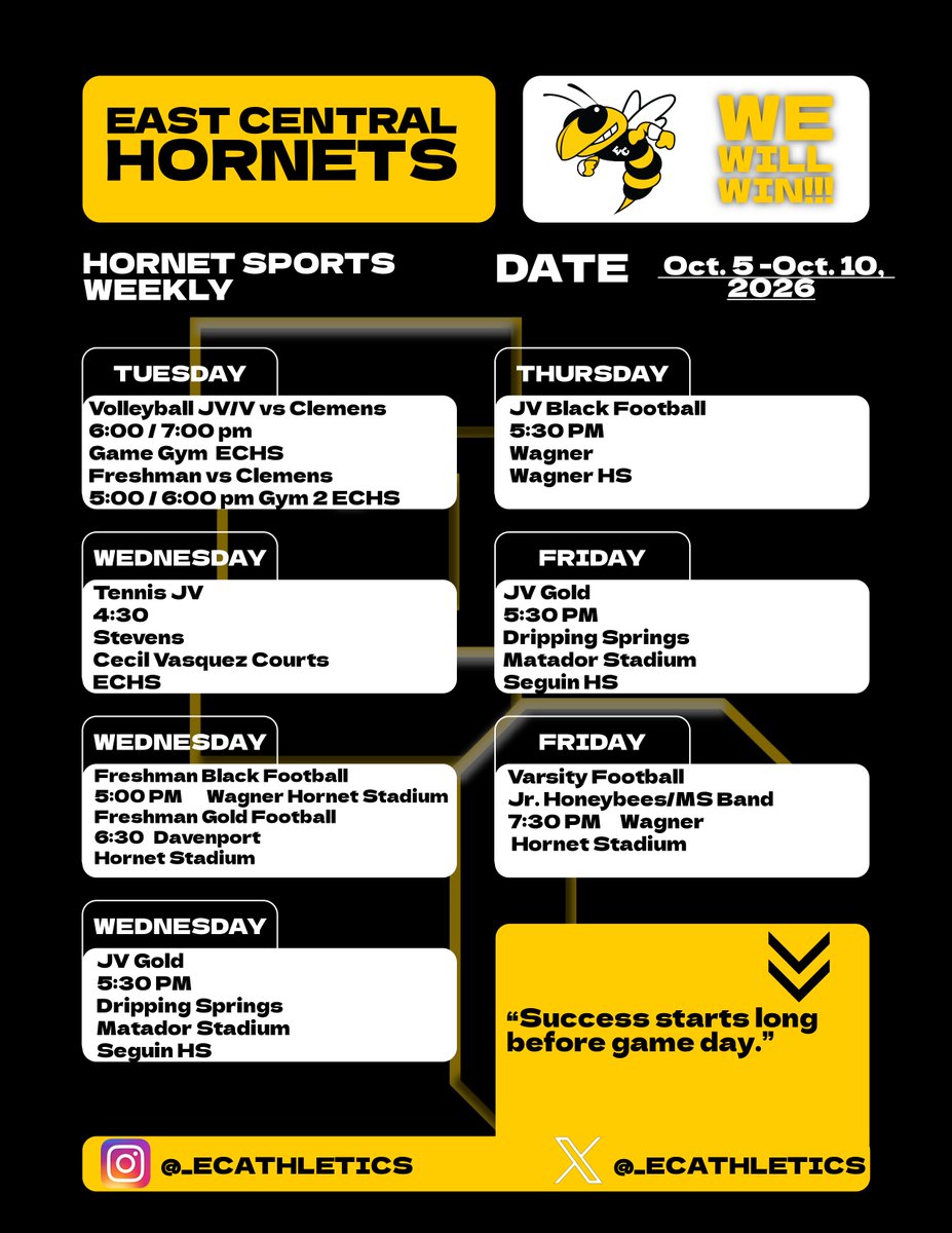 _ECAthletics's tweet photo. East Central Hornets sports lineup π
Packed week ahead for the Hornets! Volleyball, football, tennis, and moreβletβs bring that winning spirit! ππ Check the schedule & support your team.
#WeWillWin #EastCentralHornets #GameDay #HornetPride
@ECISDtweets @ArriolaSuzette https://t.co/tsLFHvP7OH