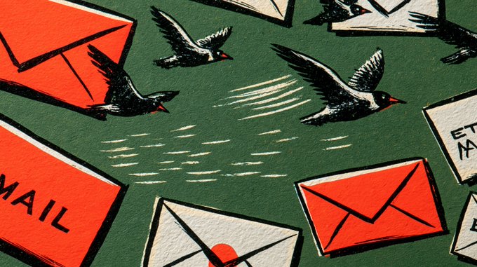 An artistic illustration featuring black swallows in flight over a green background, surrounded by red and white envelopes with the word 'MAIL' visible.
