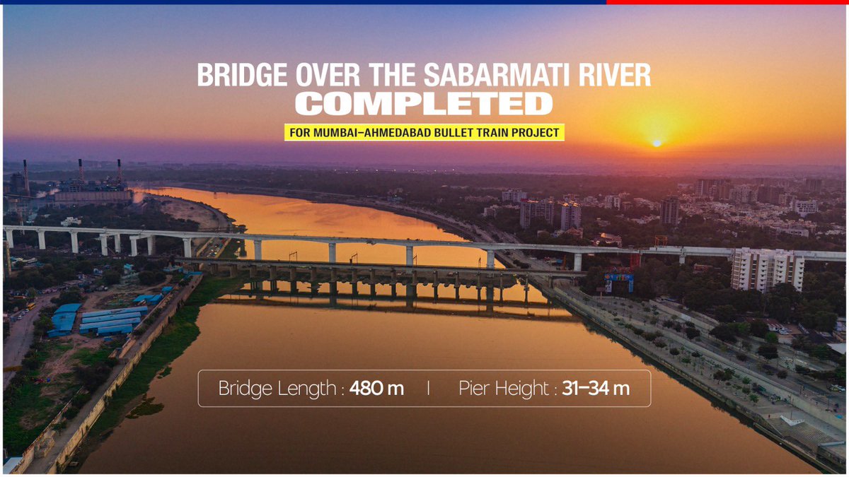 RailMinIndia's tweet photo. Another landmark step in building a faster, more connected and future-ready India!🇮🇳🚄

The 480m Sabarmati Bullet Train Bridge, rising 36m high, equivalent to a 12-storey building is now complete.
#BulletTrain https://t.co/jTq7lL4RvE