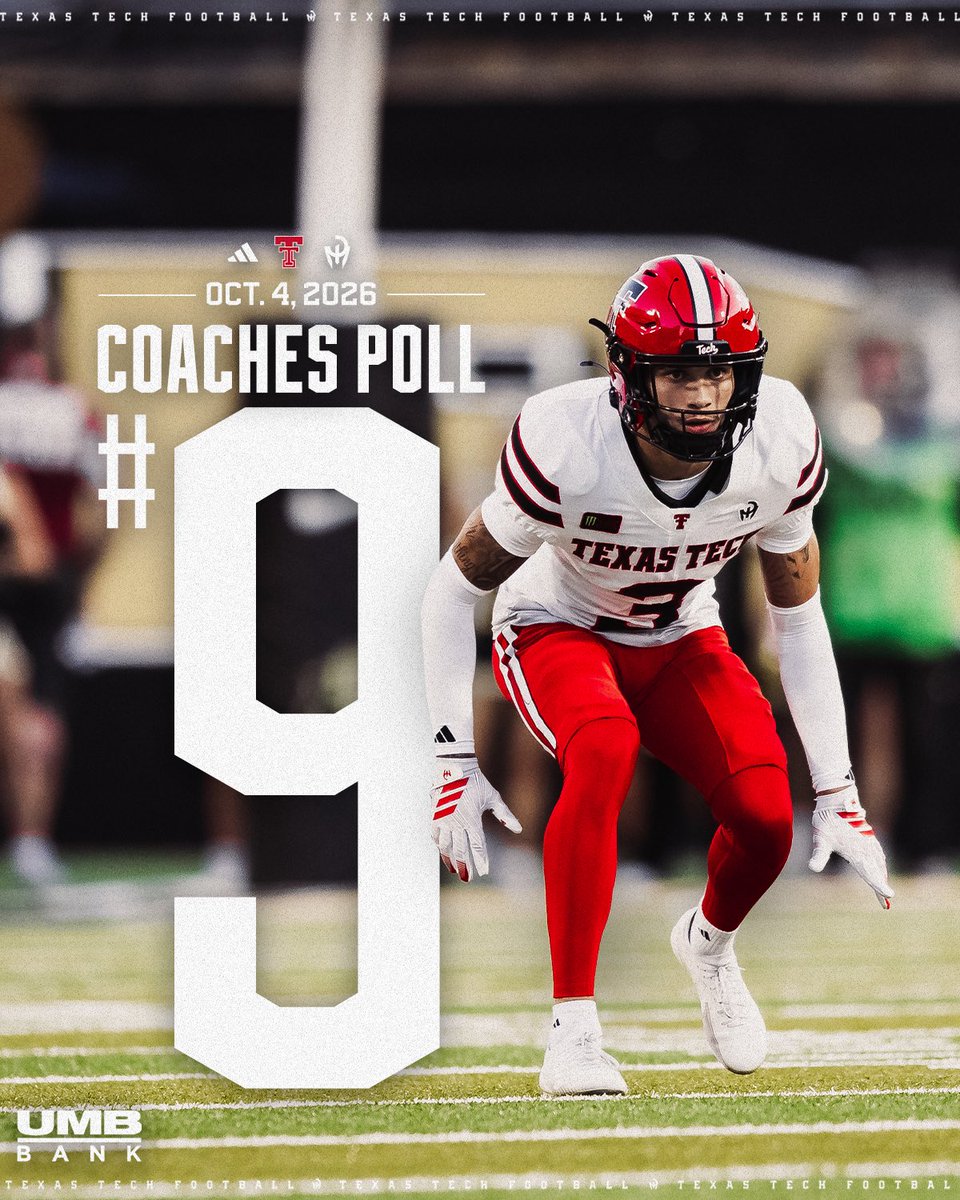 TexasTechFB's tweet photo. No. 9 in the Coaches Poll 📈 https://t.co/ba44RFxXUr