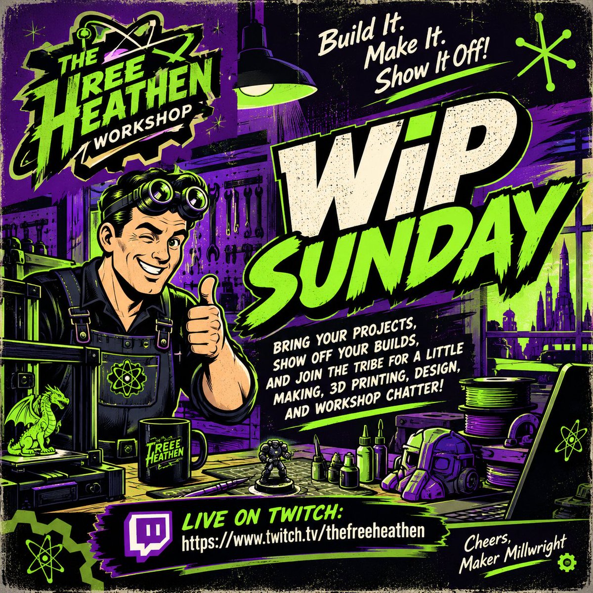 thefreeheathen's tweet photo. ⚙️⚡ FIRE UP THE WORKSHOP! ⚡🔧

It’s WiP Sunday on The Free Heathen! Bring your projects, show off your builds, and join the tribe for a little making, 3D printing, design, and workshop chatter!

🛠️ Build it. Make it. Show it off!

📺 https://t.co/fI2vnHOmfM

#WiPSunday #3DPrinting #MakerCommunity