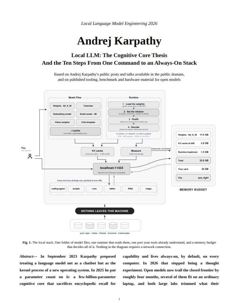 0xMovez's tweet photo. Andrej Karpathy predicted the future of AI once again:

“Everyone’s renting frontier models for jobs a local 3B model could do. Small Local LLM's are the future.”

this 18-page PDF breaks down Karpathy's case for running that core on your own machine.

the real question isn't "is the local model as smart?" 

It's "which of my 1000 calls ever needed the smart one?"