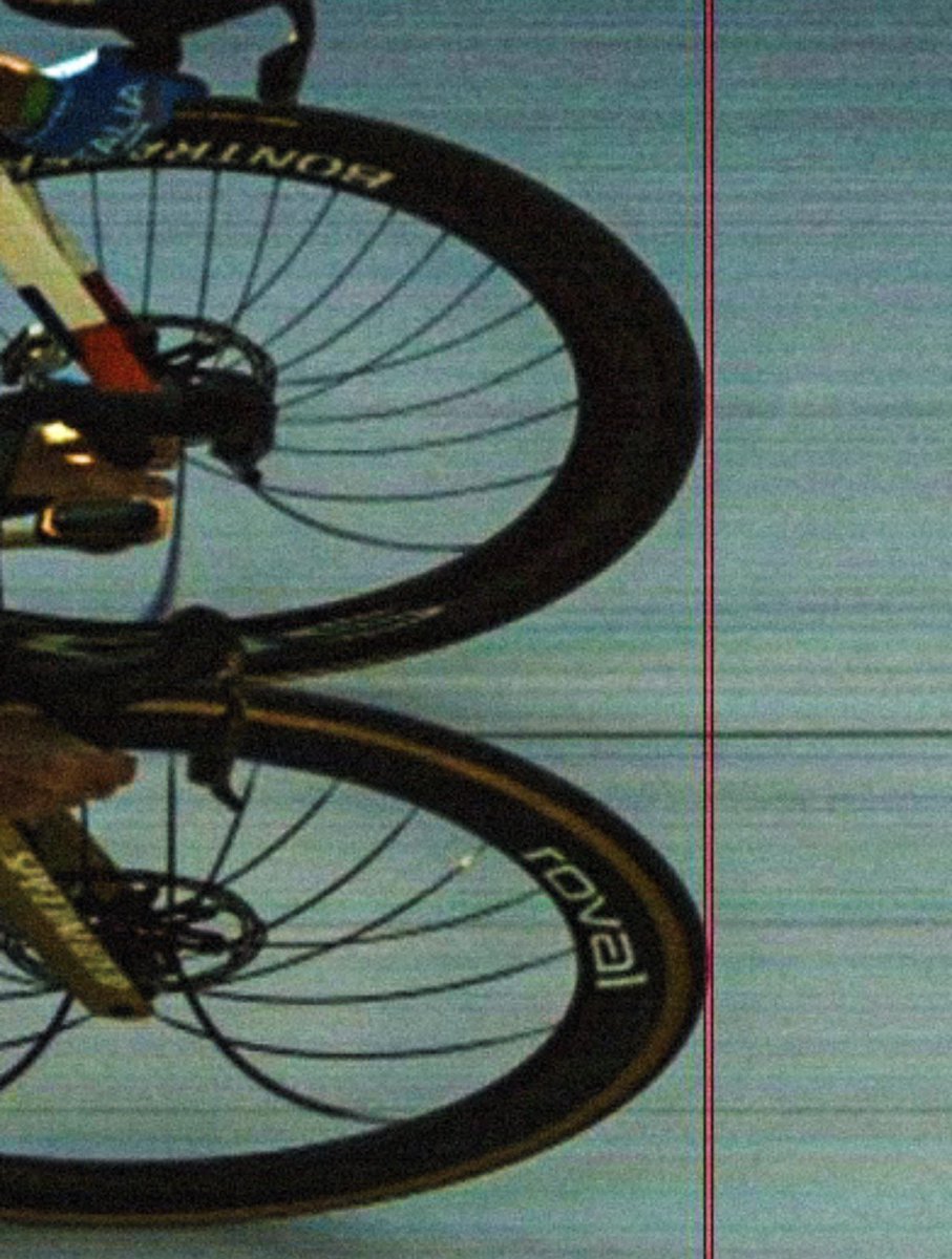 lucxsronald's tweet photo. So I will try to explain, if I am wrong, write it to my comments.

So simply today’s finish and the final photofinish were so close and logically the comments immediately came with questions: Why does Ciccone look like he’s riding a children’s bike? Why does Remco’s bike look longer? Etc. 

I won’t hate anybody who asked those questions, because not everyone understands how it all works, so here I will try to explain. So here’s why: 

A cycling photofinish is not a normal photograph. It scans a single vertical plane, essentially the finish line, over time. The horizontal axis therefore represents time, not distance.

That’s why bikes, wheels and riders can look completely distorted. The bottom of the wheel is moving very slowly relative to the road at the contact point, while the top is moving much faster, which can make the spokes and rim look dramatically curved.

And there’s another detail many people don’t realize: the photofinish camera isn’t necessarily positioned directly on the black finish line. It is usually placed on the white area immediately before it, because trying to distinguish black tyres from a black finish line wouldn’t make much sense.

So the image may look strange, but the leading edge of the front tyre (the point that determines the result) is recorded accurately.

And at approximately 3,500 frames per second, the difference between Remco Evenepoel and Giulio Ciccone was then about just 0.00028 seconds. Insane…
