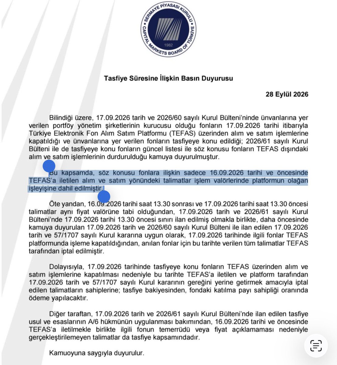 akselmelkonyanx's tweet photo. 🔴Bu kapsamda, söz konusu fonlara ilişkin sadece 16.09.2026 tarihi ve öncesinde TEFAS'a iletilen alım ve satım yönündeki talimatlar işlem valörlerinde platformun olağan işleyişine dahil edilmiştir.

Ben demiyorum 👇

1 milyonluk mevzu ek bir madde ile bu bültene eklendi🤝 https://t.co/EXMew4EYsP