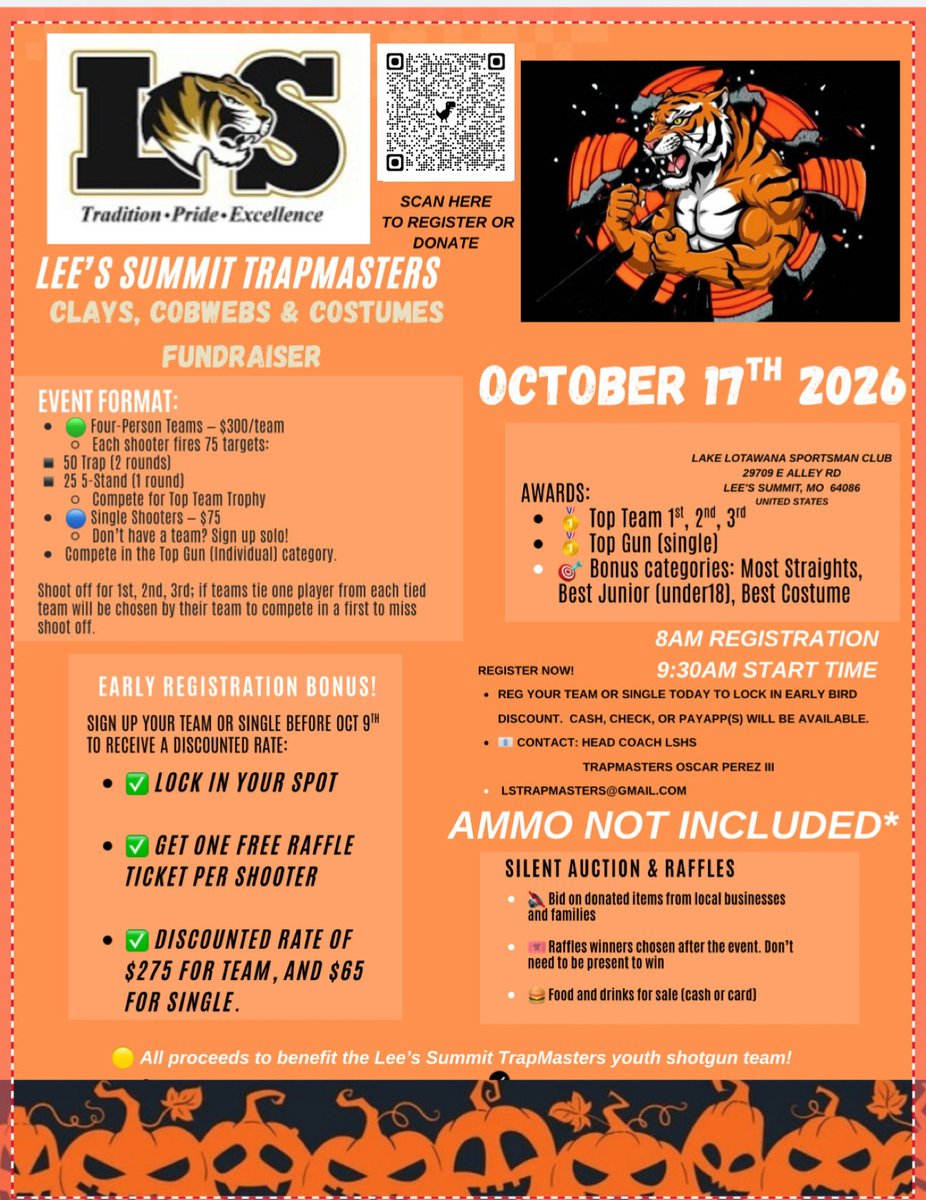 LSHSTrapMasters's tweet photo. The Leeβs Summit TrapMasters are getting ready to take aim at our annual Clays, Cobwebs & Costumes event, and you donβt want to miss the fun! Early bird ends Oct 9th!! π― π
#ClaysCobwebsAndCostumes #TrapMasters #YouthShootingSports #LeeSummitCommunity #ShootForTheFuture https://t.co/nbIbz11PEk