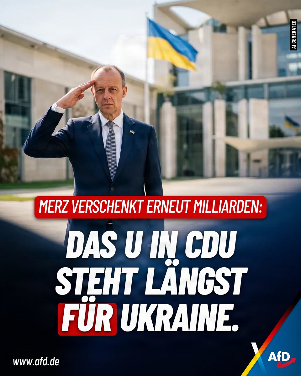 AfD's tweet photo. Kanzler Friedrich Merz reist erneut nach Kiew und verteilt deutsche Steuergelder, als wäre er der Kanzler der Ukraine. Während unsere eigene Infrastruktur zerfällt, fließen weitere Milliarden in ein fremdes Kriegsgebiet. Diese gefährliche Politik muss sofort aufhören. https://t.co/FxeVizWl6Z