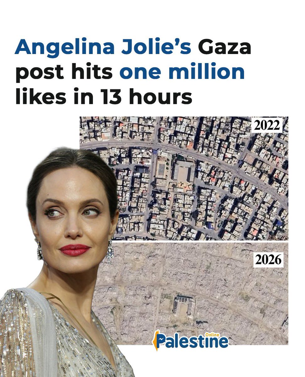 OnlinePalEng's tweet photo. A post by American actress Angelina Jolie about the devastation caused by Israel’s genocidal war on the Gaza Strip has surpassed one million likes within 13 hours.

In her Instagram post, Jolie wrote: “You can now open Google Earth and see what was done to Gaza. Whole neighborhoods have been reduced to rubble.”
