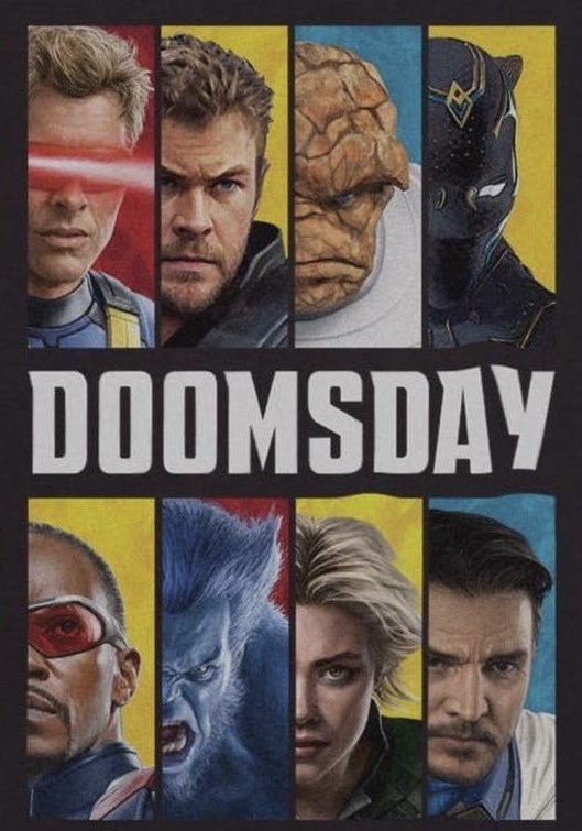 TavernaMarvel's tweet photo. Arte promocional de 'AVENGERS: DOOMSDAY' inspirado no pôster de 'X-MEN'. https://t.co/AJ1K0xMpje