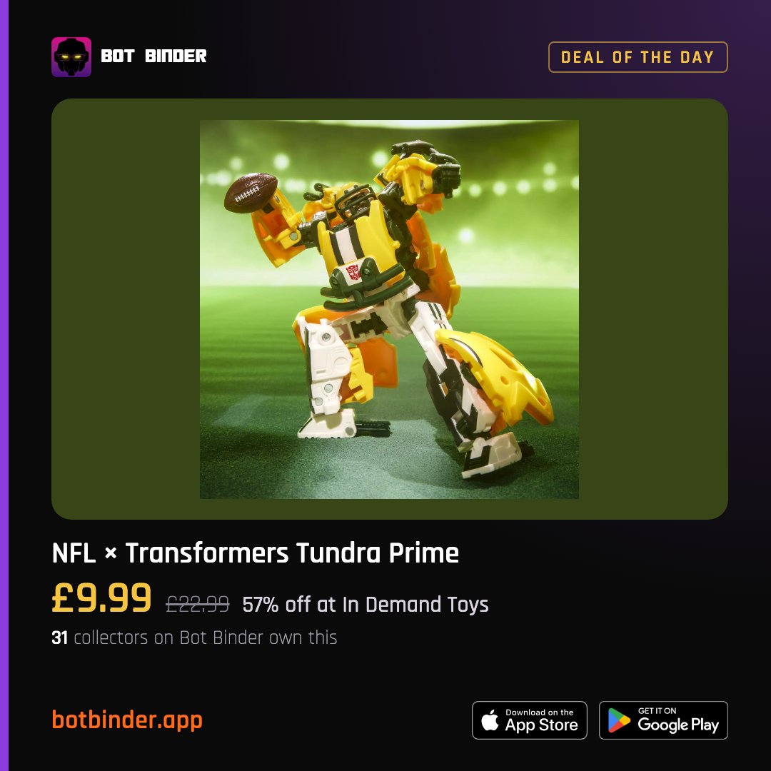 BotBinderApp's tweet photo. 31 collectors on Bot Binder own Tundra Prime. Optimus, but with shoulder pads. Was £22.99, now £9.99 at In Demand Toys. One shall stand, one shall punt.

https://t.co/DZMXp2cPgK
#Transformers #TundraPrime

Track deals like this. Join us on Bot Binder. https://t.co/F0AFkvN8Sf