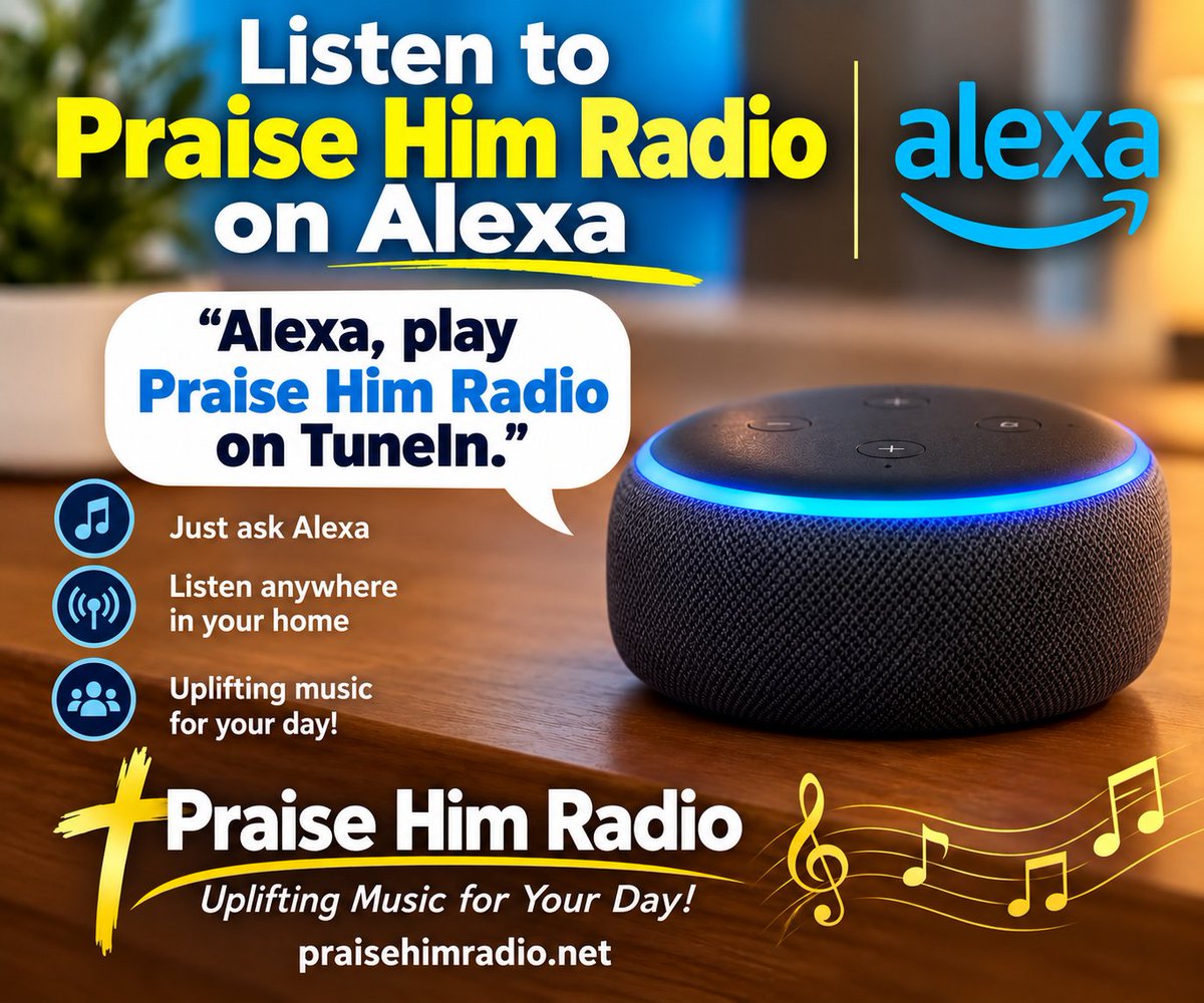 PraiseHimGa's tweet photo. 🎶 Want to listen to Praise Him Radio hands\-free?

Just say: **“Alexa, play Praise Him Radio on TuneIn\.”** 🙏🎧

Uplifting Music for Your Day\!

🌐 https://t.co/faRNclC2Cc

\#PraiseHimRadio \#Alexa \#TuneIn \#ChristianMusic \#PraiseAndWorship \#ChristianRadio \#Jesus \#Faith https://t.co/pec4a10xtB