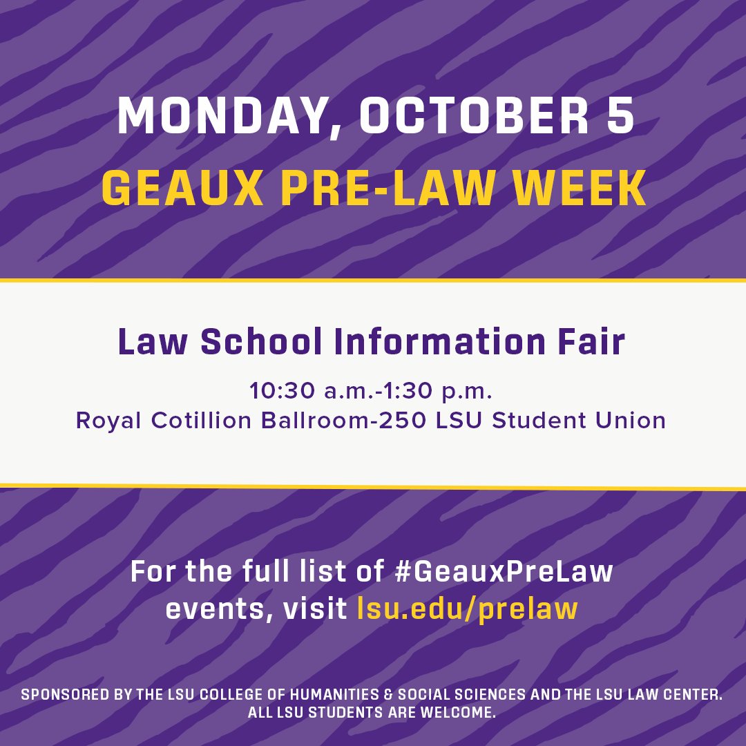 LSUHSS's tweet photo. Start exploring your options at the #GeauxPreLaw Week Law School Information Fair! Students will have the opportunity to meet with representatives from more than 70 law schools from across the country. https://t.co/ACPOulvdxR