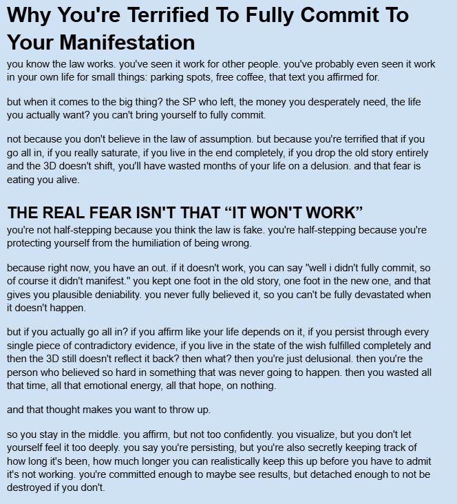 ByAveline_'s tweet photo. 🫠 the reason you haven't manifested it yet? it isn't because the law doesn't work. it's because you're more afraid of LOOKING DELUSIONAL to others than you are committed to getting what you want.

if you've been scared of the gap between affirming and receiving, read this. ⬇️ https://t.co/Wt5fPq67Lm