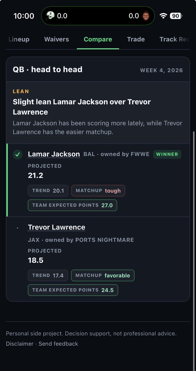 StartSitCall's tweet photo. @DarksideDoggz The app is leaning Jackson. Because it is a toss up, choose Jackson if you are already projected to win comfortably. Personally, I think you’ll be alright with either choice. I think Lawrence has a lot of upside this season and is bound for a big game. https://t.co/zKM4M03Sah