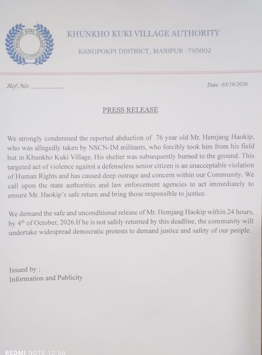 KhongsaiChanu's tweet photo. Manipur : 3/10/2026

Khunkho Kuki Village Authority condemns the abduction of 76-year-old Hemjang Haokip by NSCN-IM militants. His safe and unconditional release must be ensured immediately. Justice and accountability are imperative. https://t.co/8KFvr9K1WZ