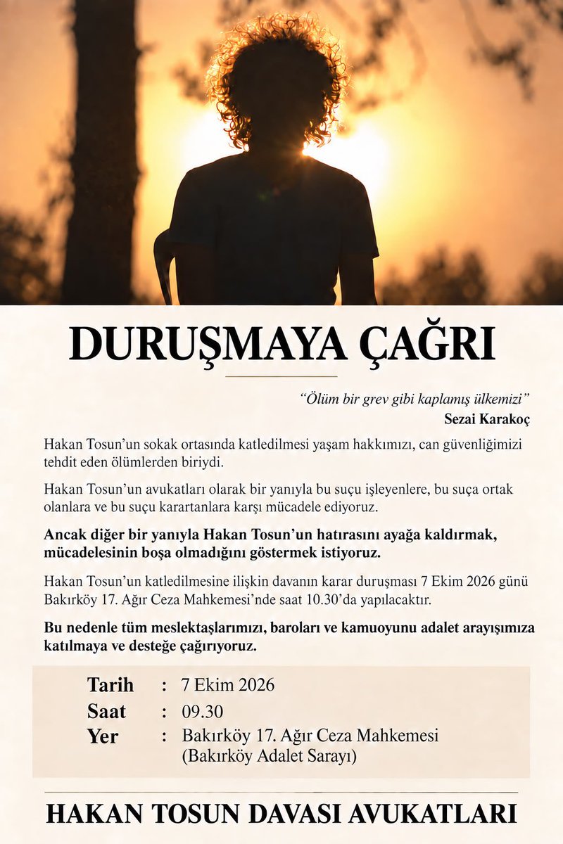 mlsaturkiye's tweet photo. Hakan Tosun davasında karar duruşması 7 Ekim’de

Hakan Tosun’un öldürülmesine ilişkin davanın karar duruşması 7 Ekim 2026 Çarşamba günü görülecek.

📍 Bakırköy 17. Ağır Ceza Mahkemesi
🕙 10.30
📅 7 Ekim 2026 https://t.co/0yCnwVEUiT