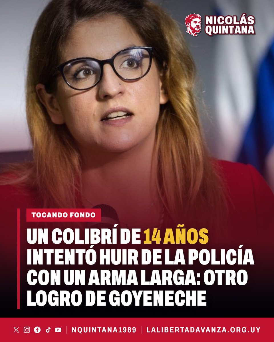 nquintana1989's tweet photo. 🇺🇾 | Goyeneche hizo campaña por "No a la baja" y los menores que ella llama colibríes siguen impunes. Doce años después, uno de 14 corre de la Policía con un arma larga. Le puso nombre al problema. Resultado, ninguno. https://t.co/DSVocdOgJs