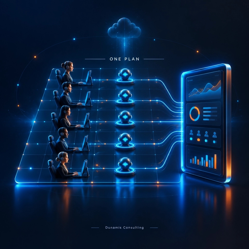 GetDunamis's tweet photo. Put AI voice agents on the same plan as people: forecast volume together, schedule together, sample QA together, score on one card, and name the owner. One system. Clear accountability. #CloudTelephony #CCaaS https://t.co/39Pd4h5MaO
