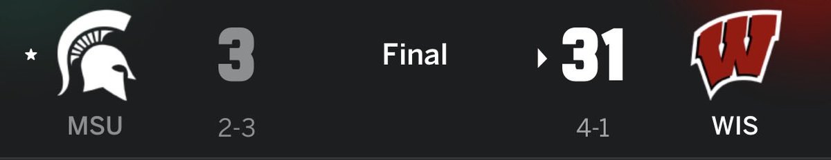 SpartanRyan's tweet photo. A Wisconsin fan yesterday came up to me after the game and said “you guys could really only score three points?” I said back, “well at least we scored this time, better than I can say last time”

I laughed to keep myself from crying. https://t.co/bdU1tcoZTh