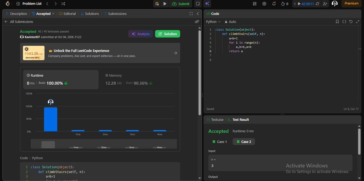 Kavinkumar45891's tweet photo. LEET:70--> Climbing Stairs
Time : O(n) 
Space : O(1) 
What's New🧩: Fibonacci Drama🤷‍♂️😭
#CSEStudent #LearningToCode #Java #Python #WebDevelopment #DSA #LeetCode #CodingJourney #TechTwitter #BuildInPublic #amazon #meta #Ai https://t.co/xw4oOZp8wg