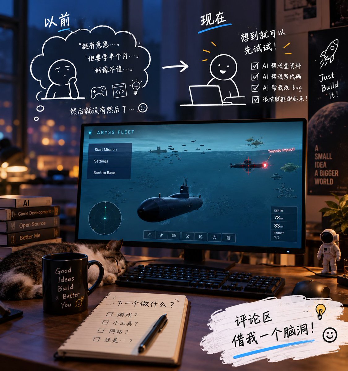 MileiRayDog's tweet photo. 有了 AI 以后，我越来越觉得，
它最有意思的地方，可能不是提高了多少效率。

而是很多以前只会停在脑子里的想法 💭
现在真的有机会被做出来了。

以前想到一个东西，第一反应是：
“挺有意思，但为了这个专门学半个月，好像又不值。”

然后就没有然后了 😂

现在不一样，想到就可以先试试。🛠️

昨天试着做了个潜艇大战 🚢💥

下一个做什么？评论区借我一个脑洞 👇