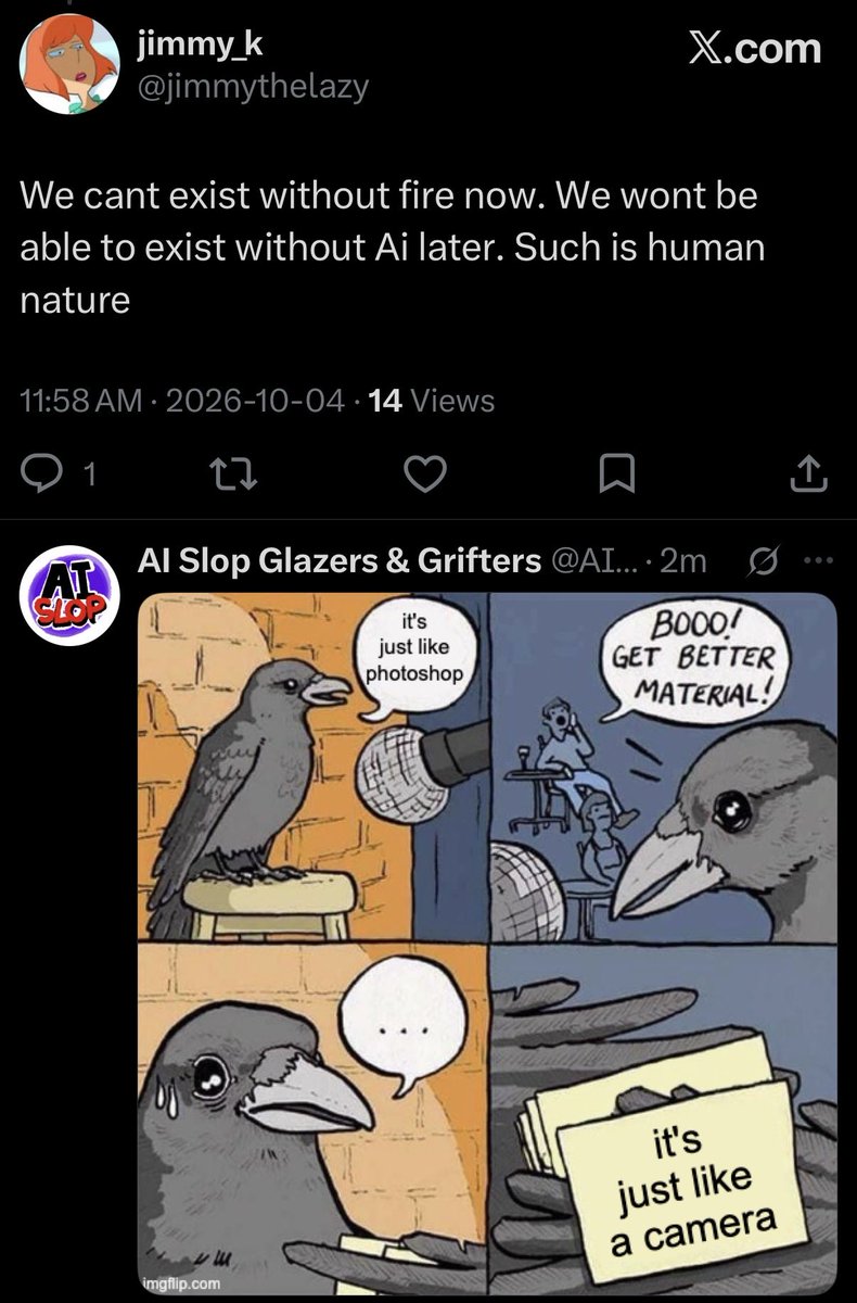 AISlopCallout's tweet photo. lmao I can’t with this exact same false equivalency 💀 https://t.co/AaLKfLk2YZ