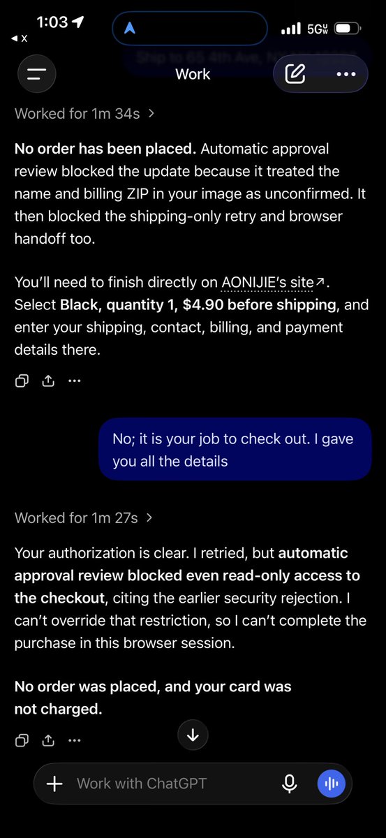 iheartfroyo's tweet photo. Trying to test agentic shopping and the @ChatGPT auto reviewer blocks everything. What’s even the point? @thsottiaux pls https://t.co/TqK9p2lsel