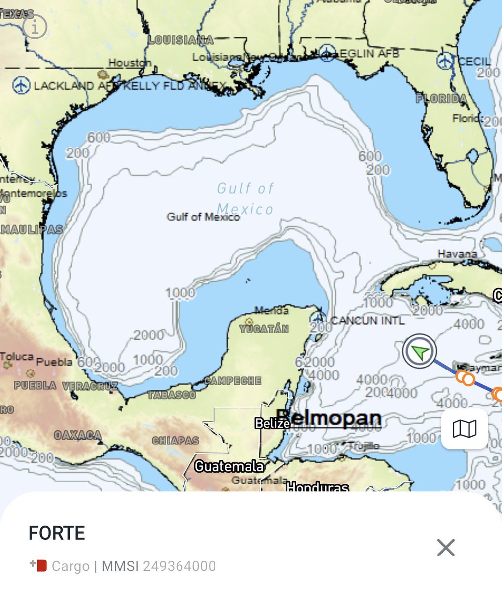 JConcilus's tweet photo. FORTE / Ship 40 Update 🚀⛴️🌎 

Almost home! Heavy lift vessel Forte - with Starship Ship 40 on deck - about to enter the Gulf. With ~887 nm to Brownsville at 14.3 kn. Wed October 7 at 9 AM CDT arrival on AIS. 

The Yucatán Channel has many cruise ships. Will we see images? 🧐 https://t.co/iPsIpDR89M