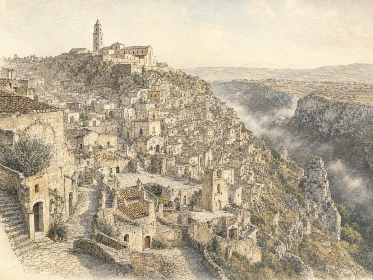ItalyShop_cz's tweet photo. Matera, skalarni město vytesané do pískovcových stěn, nabízí jedinečný pohled na Sassi a Civita nad Gravina. Procházky úzkými uličkami vedou mezi domy vytesanými do skály, kostely a sklepy vytesané do horké kamenné hilly. Velkolepý pohled z vyhlídky na Civita ukazuje, jak se minulost potkává s současností a vypráví příběh o odolnosti a tvořivosti obyvatel.

#ItalyShop #Matera #Basilicata #Italia