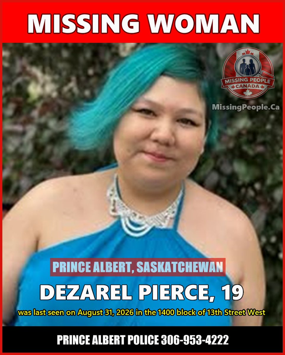 Missing_CA's tweet photo. MISSING WOMAN IN PRINCE ALBERT, SASKATCHEWAN - DEZAREL PIERCE, 19 - LAST SEEN AUGUST 31, 2026  

Full Post: https://t.co/XiZ5WBad1F

19-year-old Dezarel Pierce was last seen on Monday, August 31, 2026, in the 1400 block of 13th Street West in Prince Albert, Saskatchewan. She was reported missing to police on October 1, 2026.