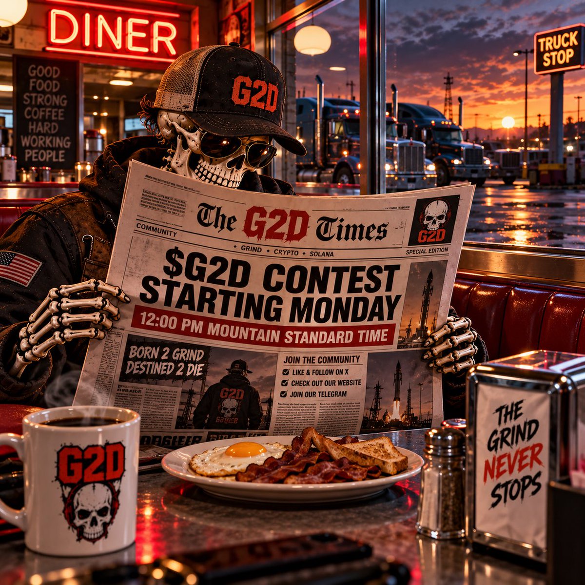 TheGRIND2DIE's tweet photo. G2D contest is starting tomorrow @ 12:00pm Mountain Standard Time.
Join our Telegram for rules and details. https://t.co/wEx9m5MRz8