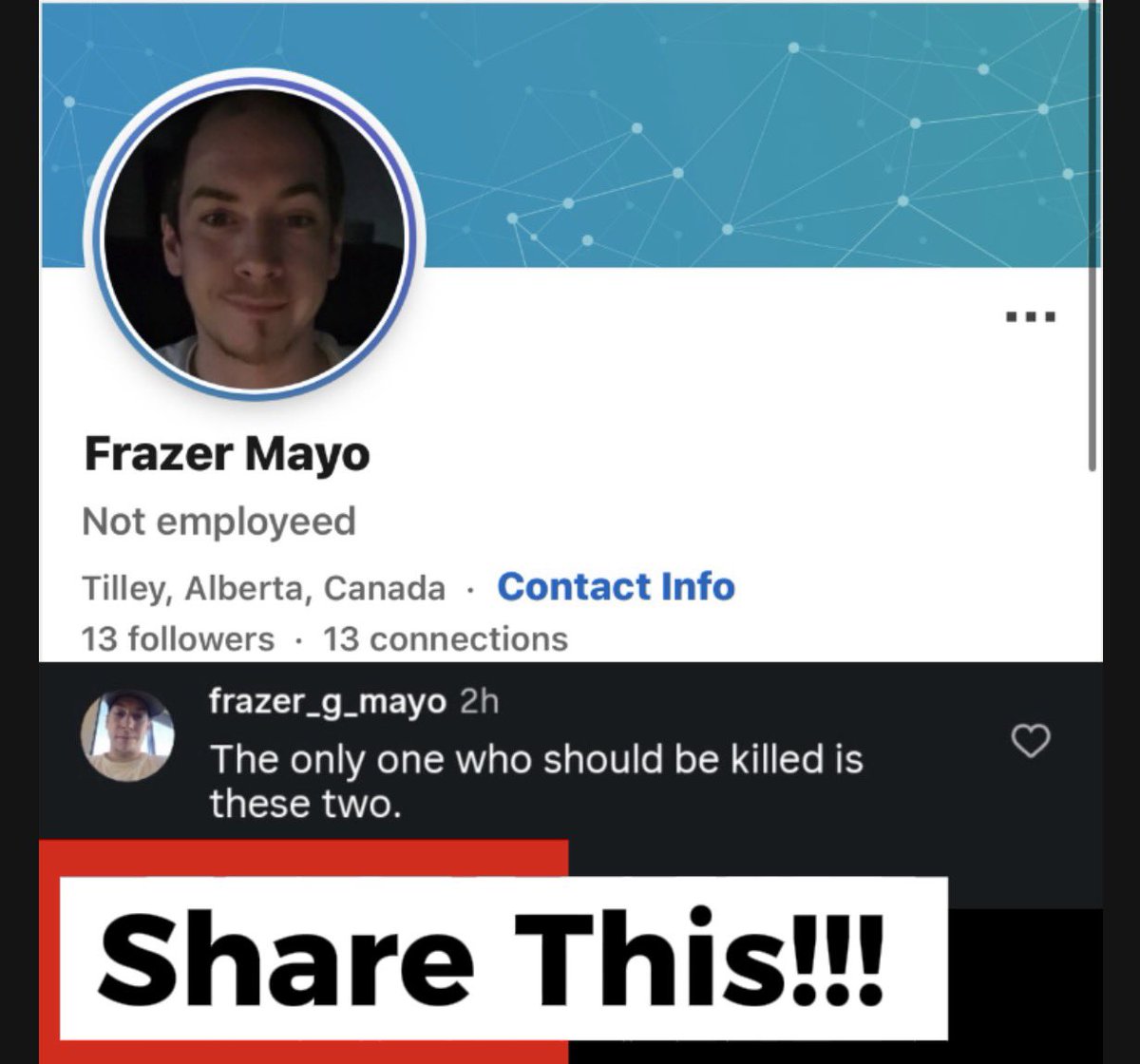 BertaProudDad's tweet photo. Anyone know Fraser Glenn Mayo from Tilley Alberta? 

I think the @RCMPAlberta may want to have a chat with him! https://t.co/ZHrgHBaECJ