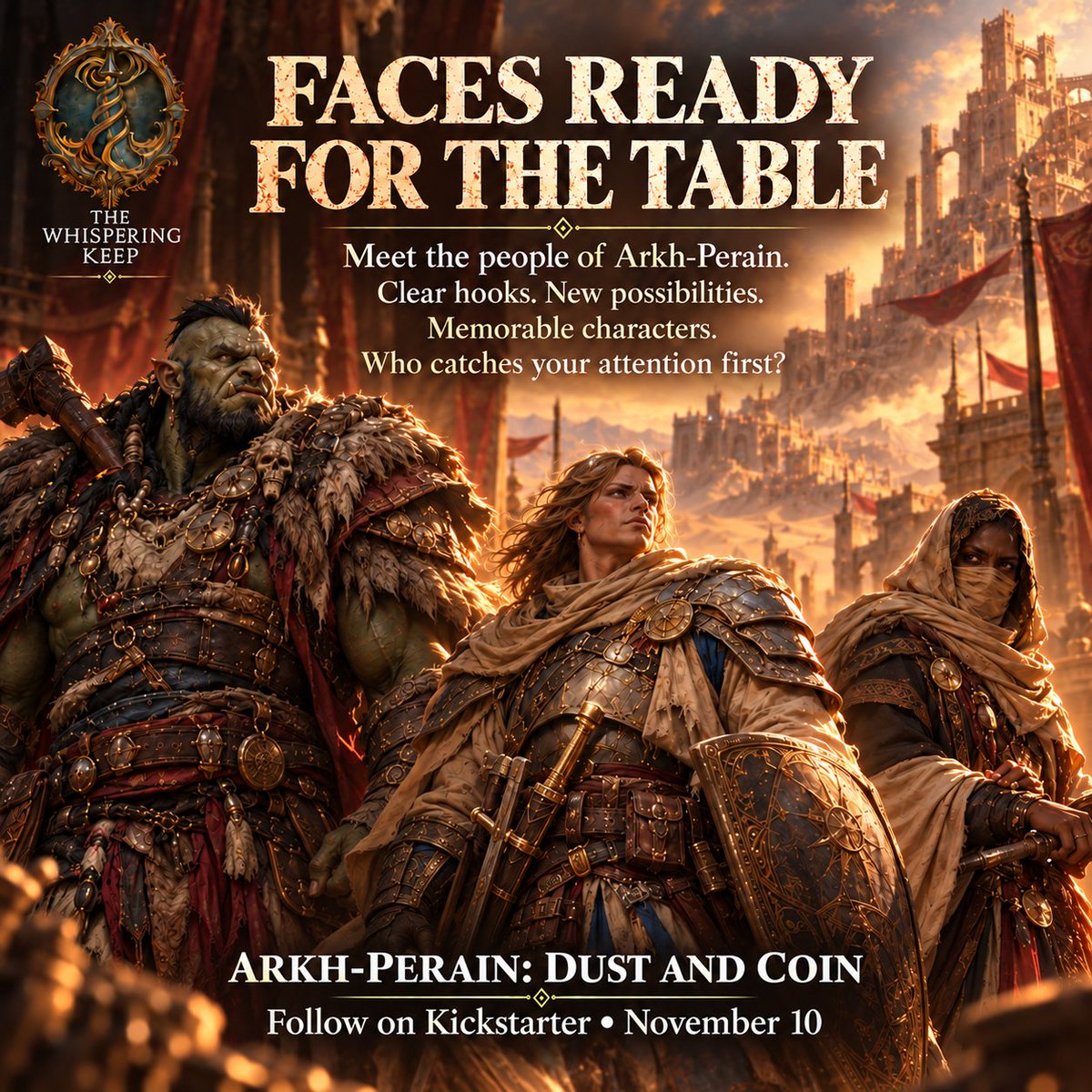 whisperingkeep's tweet photo. Every great setting needs people worth remembering. Allies, obstacles, opportunities—or the start of an unexpected story.

Who would you approach first?

Follow the Kickstarter: https://t.co/vJFrnNgnH7

#ArkhPerain #TTRPG #RPGCharacters #NPCDesign https://t.co/8INPi1eobF