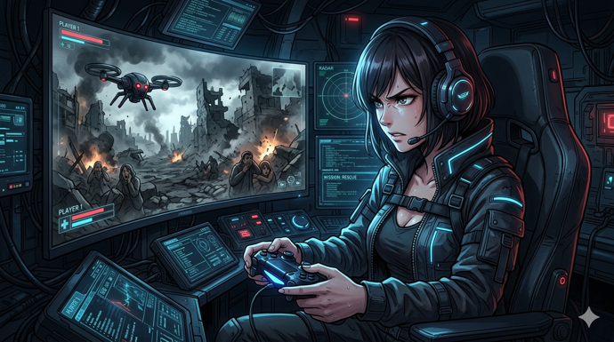 AileChemLab's tweet photo. 【過去作の紹介55】
「ゲームの心理予測スキル」を活かして遠隔ドローンを操縦していた主人公。しかし、それが本物の戦争だと気づいた時、すでに彼女の頭脳は最強の「殺人AI」へとコピーされていた――。
罪悪感を背負った彼女が、自らの才能を武器に“最凶の自分”に挑むSFサスペンス短編です✨
『死神のわたしから明日の命を救うなら』
 #創作 #SF #短編小説 #ショートショート

冬だというのに、ワンルームの狭いアパートはＰＣの排熱で生ぬるい。
画面内の自キャラを操作しながら、ルイは重いため息を吐き出した。

「また負けか……」

ルイはプロのｅスポーツプレイヤーだが、トップ層には遠く及ばない。
一分間あたりの入力速度――ＡＰＭは、プロとしてあまりに平凡だった。

だが、彼女には唯一無二の才能があった。

「次の行動、右に避ける。そこを待ち伏せる」

コンマ数秒後。
画面内の敵はルイの予測通りに右へと動き、呆気なく沈んだ。

相手の心理状態、癖、焦り。
それらを視覚情報から瞬時に読み取り、最適解を導き出す。
チェスで言えば、数手先を完全に読み切る「盤上の心理学者」。
それこそが、ルイの真価だった。

けれど、コンマ数ミリ秒の反射速度がすべてを決める現代のトップシーンにおいて、頭脳だけで勝ち抜くのは極めて難しい。
スポンサーはつかず、毎月の生活費すら危うい極貧生活。

「ルイの読みは神がかってんのに、もったいないよな」

ゲーム仲間から掛けられる同情が、鋭い焦燥となって胸に突き刺さる。
家賃の支払期限は、もう目の前に迫っていた。

＊

そんな彼女の前に、一人のスーツ姿の男が現れた。
男は、戦争が続くある国の国防省技術官と名乗り、破格の条件を提示する。

「あなたの卓越した『予測能力』を、我が国の戦術ＡＩに学習させたいのです」

業務内容は、コックピット型の最新コンソールに乗り込み、遠隔ドローンを操縦すること。
実戦を通じて敵の動きを予測し、排除するプロセスをシステムにディープラーニングさせるのだ。
提示された金額は、現在のルイの年収を軽く超えていた。

「これ……安全なんですか？ 本当に、ただ操縦するだけでいいの？」

「ええ。我が国は今、最前線から何千キロも離れた、安全な第三国、この国に極秘の遠隔拠点を設けています。あなたにとっては、国際法に守られた自国から接続する、慣れ親しんだゲームと何ら変わりありませんよ」

男が差し出してきたのは、「傭兵契約書」と書かれた厚い書類。
薄々やましい仕事だと勘づきながらも、底を尽きかけた口座残高と生活苦を前に、目を背けるしかなかった。迷う余地などなかったのだ。

サインを交わし、彼女は郊外の厳重に警戒されたビルへと通い始める。
そこに用意されていたのは、ＳＦ映画に出てくるような最新鋭のコックピットだった。

＊

「ミッション開始」

ヘッドセットから冷徹な合成音声が響く。

メインモニターには、どこか遠い異国の、荒涼とした街が映し出されていた。
表示される敵兵や装甲車両は、すべて赤や黄色のサーモグラフィ、あるいは３Ｄのポリゴン調で描写されている。
そこには生身の人間らしさなど微塵もない。
ただの、よくできたシューティングゲームの標的だ。

「この動き……左の物陰に隠れるつもりね」

ルイの指先が、鍵盤を叩くように滑らかに動く。

予測通り、熱源が遮蔽物の裏へと向かおうとする瞬間、トリガーを引いた。
ドローンから放たれた誘導弾が、音もなく着弾する。
画面の端で小さな光が弾け、熱源が静かに消滅した。

ルイにとって、それは「高スコアを叩き出すための単純作業」に過ぎなかった。
罪悪感など湧くはずもない。
ゲームで敵を倒すのと、一体何が違うというのだろう。

手に入った大金で、ルイの生活は一変した。
夜な夜な、ゲーム仲間と高級デリバリーの食事を囲み、ボイスチャットで盛り上がる。

「最近、妙に羽振りがいいじゃん！ 次の大会、ルイの読みがあれば絶対に勝てるよ」

「ふふ、任せて。最近、ちょっといい『練習』を重ねてるから」

＊

しかし、運命の日は、あまりにも突然に訪れた。

前夜、ボイスチャットで盛り上がりすぎたルイは、完全に寝坊してしまった。

「やばい、遅刻する……！ まぁ、たまにはいいか」

ルイは仕事を甘く考えていた。
のんびりと、晴れ渡った空の下、勤務先である郊外のビルへと向かう。

ビルまで僅かの距離に差し掛かった。
入口に立っている警備員が見える。

その時だった。

空を引き裂くような、聞いたこともない大質量の轟音が響き渡る。
続いて、目の前の視界が、文字通り真っ赤に染まった。

――ズウゥゥゥンッ！！！

すさまじい爆風が全身を叩き、ルイの身体は無様に吹き飛ばされた。
不快な耳鳴りが止まらない。

顔を上げると、毎日通っていたビルが、巨大な火柱を上げて崩れ落ちていくところだった。

「な、にが……どうして……！ ここは、安全な国のはずなのに……！」

その時、ルイの脳裏に、冷酷な事実が突き刺さった。

私がやっていたのは、ゲームなどではなかった。

画面の向こう側の「敵」は、国際法上のグレーゾーンを力ずくで踏み越えてでも、自国を脅かす死神の『脳』を叩き潰すことを選んだのだ。
安全だと思い込んでいた自分の日常すら、すでに本物の戦場だった。

鼻を突く生々しい死の臭いと、焼け焦げた鉄の臭い。
理不尽な恐怖に、全身の震えが止まらなかった。

＊

敵国からの直接攻撃によってビルは完全に崩壊し、防衛契約のプロジェクトは消滅した。
奇跡的に生き延びたルイだったが、現実とバーチャルの境界線が壊れたことで、彼女の心は完全に悲鳴を上げていた。

目を閉じれば、ポリゴン画面の中で消えていった熱源の光が脳裏に浮かぶ。

あれはゲームのデータではない。
自分と同じように温かい血が流れ、家族があり、死の恐怖に怯えながら生きていた「人間」だったのだ。
それを自分は、安全圏からゲーム感覚で、その心理を弄び、おもしろいように葬り去ってきた。

さらに恐ろしいのは、彼女の「心理予測プロセス」が、すでに防衛ＡＩへと完全に学習されてしまったことだった。

これから先、あの殺戮ドローンたちは、ルイの思考パターンをコピーしたまま、自律的に人々を殺し続ける。
自分は、世界で最も邪悪な人殺しの兵器を生み出してしまった。

「私は……何てことをしてしまったの……」

彼女は、奪ってしまった命の重さを背負って生きていくことを決意した。

数ヶ月後。
ルイは、かつて自分が爆撃に加担した紛争地域の隣国――難民キャンプにいた。
人道支援団体のボランティアとして、物資を運び、子供たちの手を握る。
かつて画面の向こうで冷たく消し去った熱源。しかし今、目の前で握る子供たちの手は、泥にまみれ、確かに生きて、温かかった。
彼女の類まれなる心理予測の才能は、今や「目の前の人が何を求め、どうして泣いているのか」を察するために使われていた。

「……ごめんなさい。本当に、ごめんなさい……」

心の中で届かぬ懺悔を繰り返しながら、ルイは泥にまみれ、ただ贖罪の道を歩み続けた。

＊

「救助用遠隔ロボット『レスキュー・ギア』のテストパイロット……？」

ある日の夕暮れ。
ルイは、ボランティア団体のテントの片隅で、一枚の求人ポスターを見つめていた。
それは、凄惨な戦場から逃げ遅れた一般市民を、瓦礫の中から無人で救出するために開発されたロボットの操縦者募集だった。

しかし、その募集要項を見たルイの心臓は、警鐘のように激しく脈打ち始める。

戦場から、一般人を救出する。
だが、その戦場には今や、彼女の「心理予測」を完璧にコピーした、あの戦闘ドローンＡＩが実戦投入されているのだ。

人を効率よく殺すために、私の頭脳を複製された悪魔の機械。
逃げ惑う人々の心理を完全に読み切り、退路を塞ぎ、確実に息の根を止める最凶の死神。

あれを回避し、その牙から人々を救い出せる人間が、この世に一人でもいるだろうか？

――いや、いる。
私だ。

あれは、私の思考のコピー。
ならば、奴が次にどこを狙い、どうやって一般人を追い詰めるか、世界で私だけが完全に予測できる。

「私のゲーム能力（ちから）は、人を殺すためのものじゃない」

彼女は再び、あの冷たいコックピットのシートへと身を沈めた。

目の前のモニターに映し出されるのは、赤や黄色のサーモグラフィではない。
怯え、助けを求める、本物の「生きた人間」たちの姿だ。二度と彼らを壊さないよう、ルイはかつてないほど繊細にコントローラーを握り締める。

そして画面の奥から、かつて自分が育てた、冷徹極まりない自律型戦闘ドローンが姿を現す。
自分の思考パターンを宿した、世界最強の敵。

ルイは不敵に、だが確かな決意を込めて呟いた。

「私の手の内なら、私が一番よく知っている。――さあ、ゲームを始めよう」
